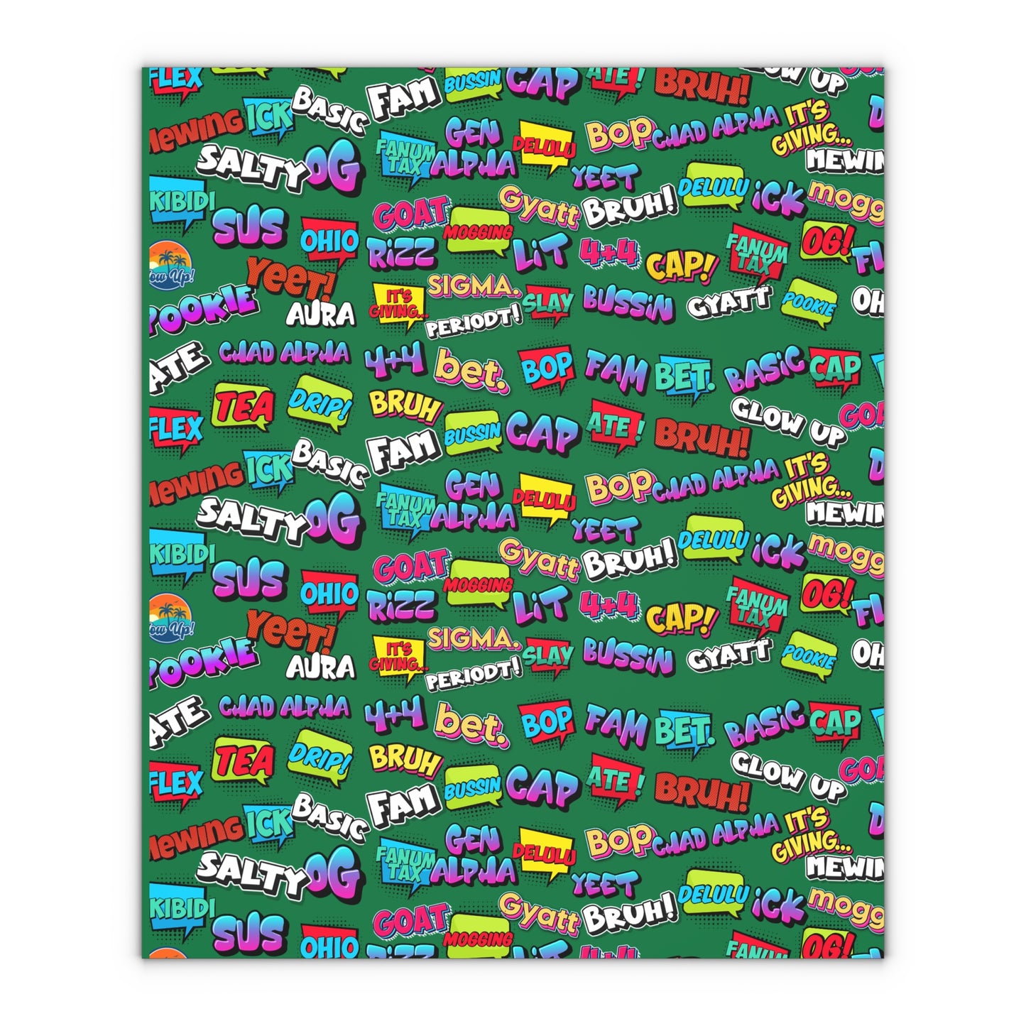 Gen Alpha Slang Word Gift Wrapping paper, Teen Lingo Gift Giving paper Green 1pc