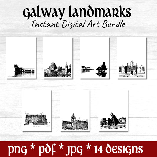 Galway City Landmarks (DIGITAL FILES) Minimalist Wall Decor Bundle. Print & Frame