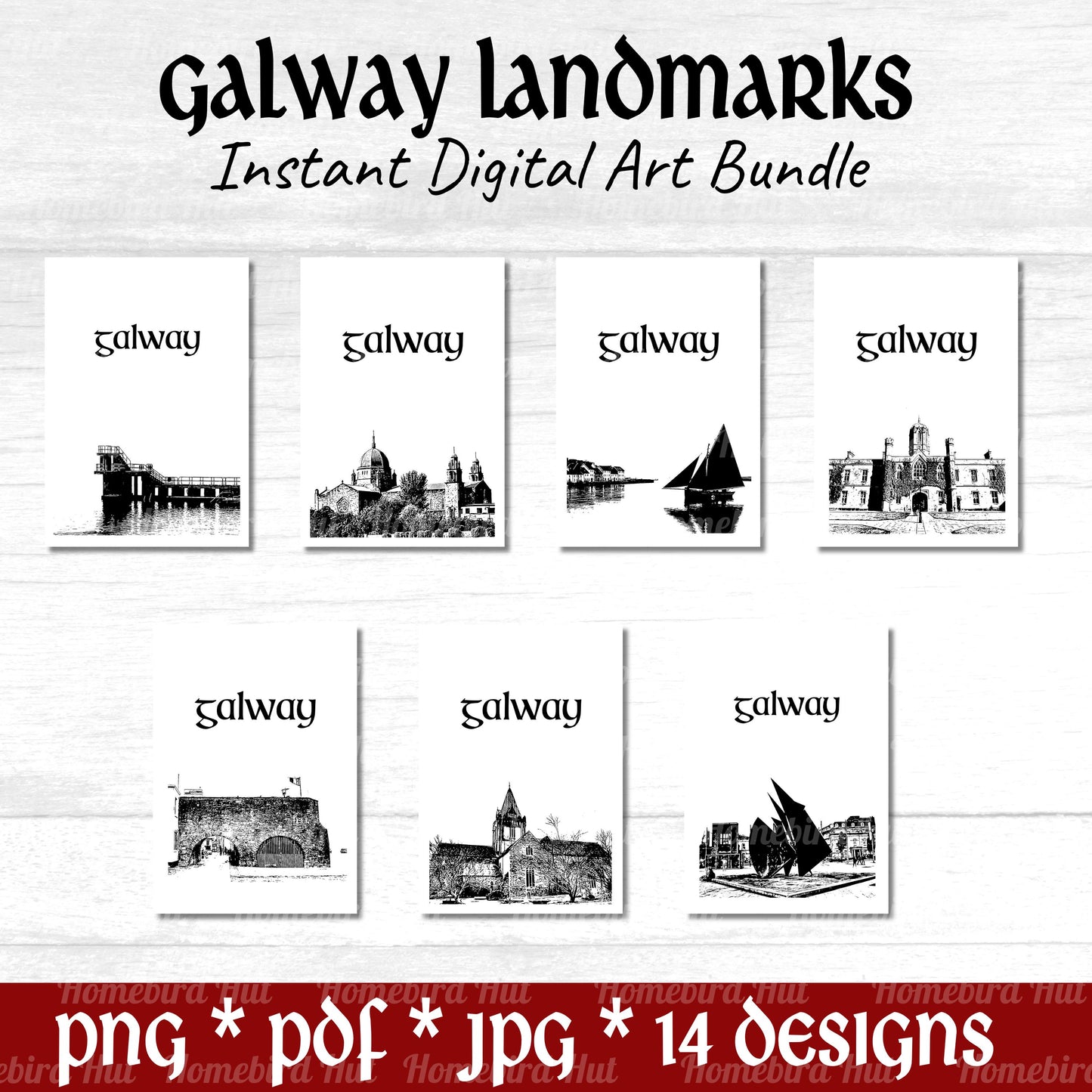 Galway City Landmarks (DIGITAL FILES) Minimalist Wall Decor Bundle. Print & Frame