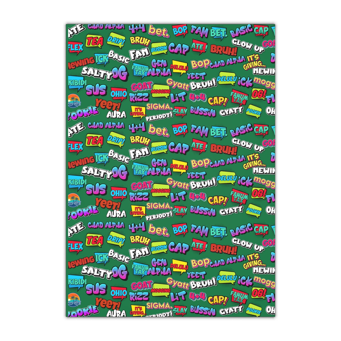 Gen Alpha Slang Word Gift Wrapping paper, Teen Lingo Gift Giving paper Green 1pc