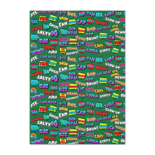 Gen Alpha Slang Word Gift Wrapping paper, Teen Lingo Gift Giving paper Green 1pc