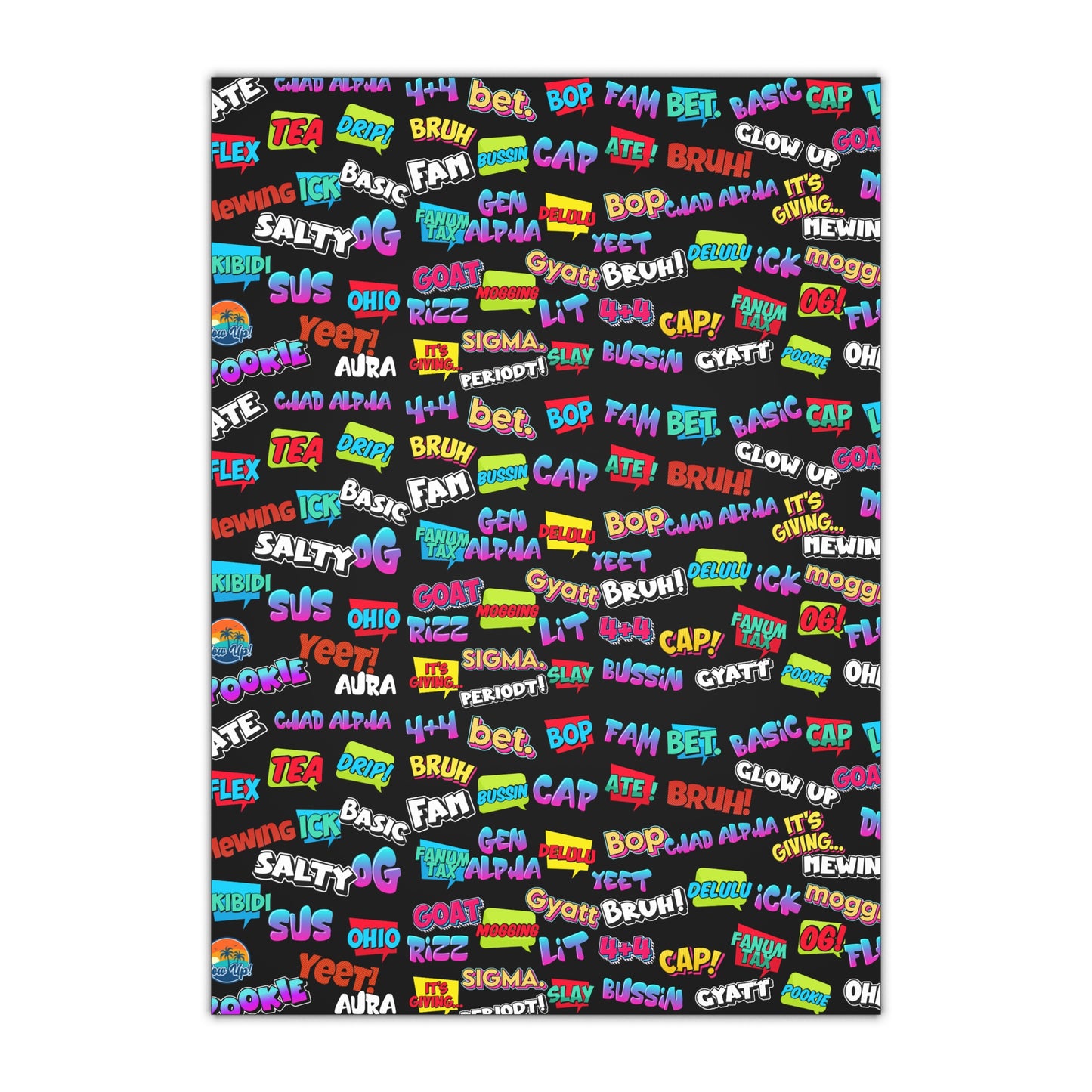 Gen Alpha Slang Word Gift Wrapping paper, Teen Lingo Gift Giving paper Black 1 Sheet