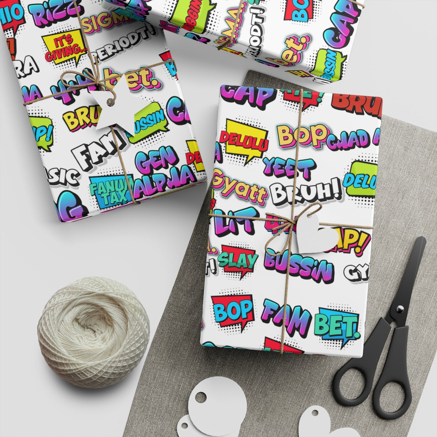 Gen Alpha Slang Word Gift Wrapping paper, Teen Lingo Gift Giving paper White