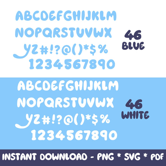 Blue Cartoon Dog Font Bundle (DIGITAL FILE) SVG PNG & PDF in Blue & White style